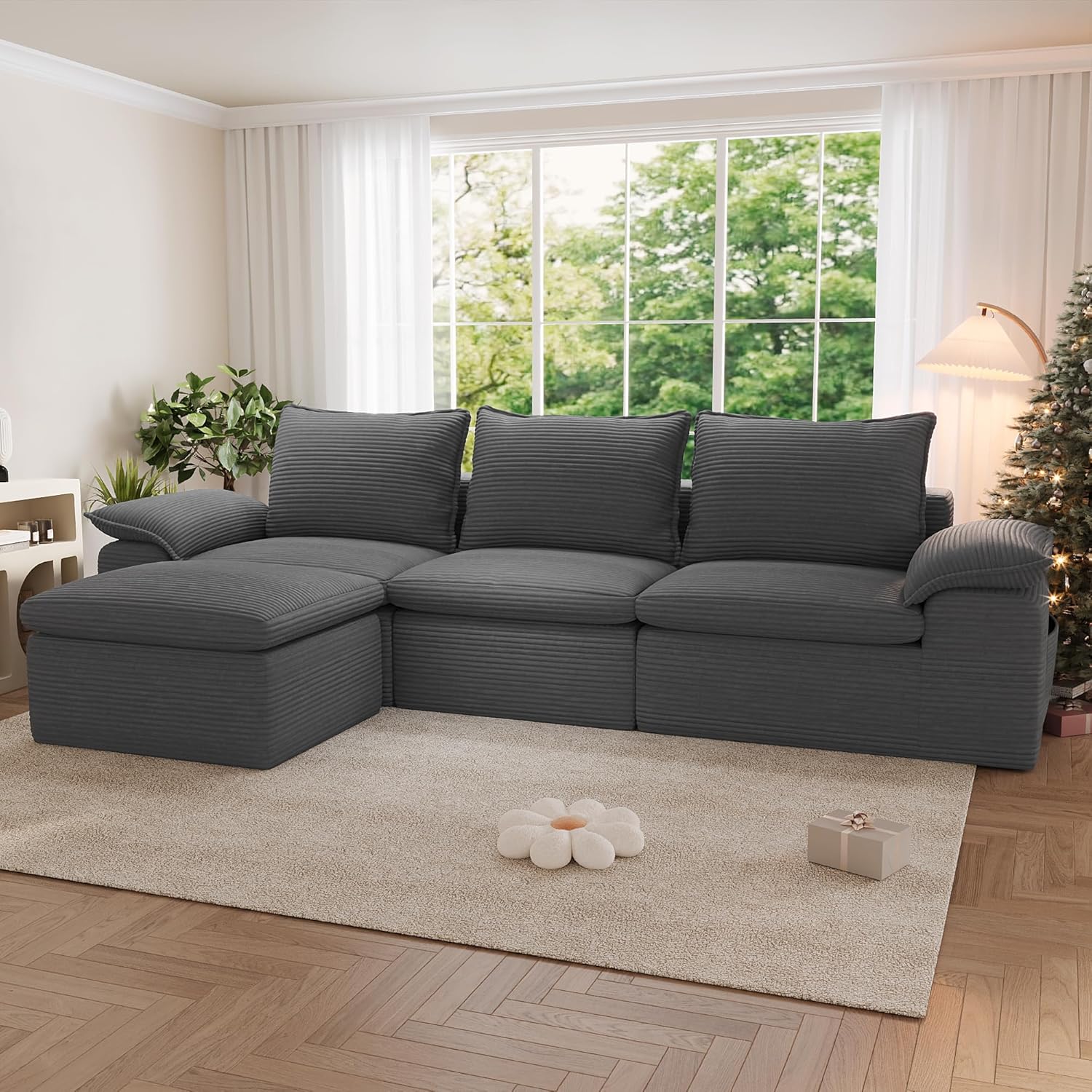 104" Cloud Sectional Couch, Boneless Couches for Living Room, L Shaped Couch with Ottoman, Modular Sectional Sofa with Deep Seat, Modern Boneless Sofa for Living Room, No Assembly (Grey, L-Shaped)