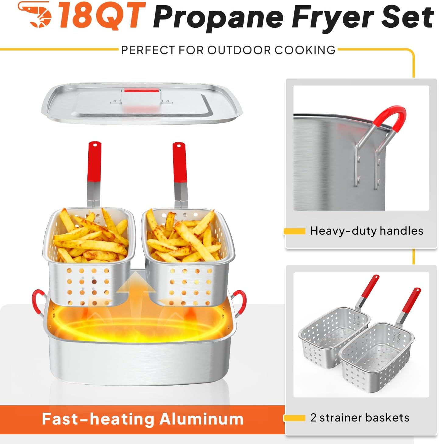 18QT Propane Deep Fryer | Outdoor Fish Fryer with 2 Baskets,Tong, Cover,Lid & Thermometer | Aluminum Deep Fryer with 55,000 BTU Propane Burner - Ideal for Fish, Chicken Wings & Outdoor Gatherings