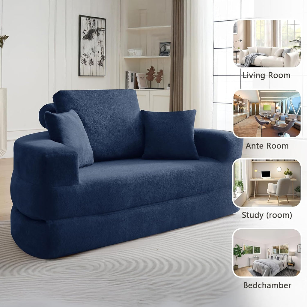 71" Boneless Couch Sofa Bed Oversized Round Couch 2-in-1 Foldable Floor Loveseat Sofa for Living Room and Apartment No Assembly.(Blue, 71")