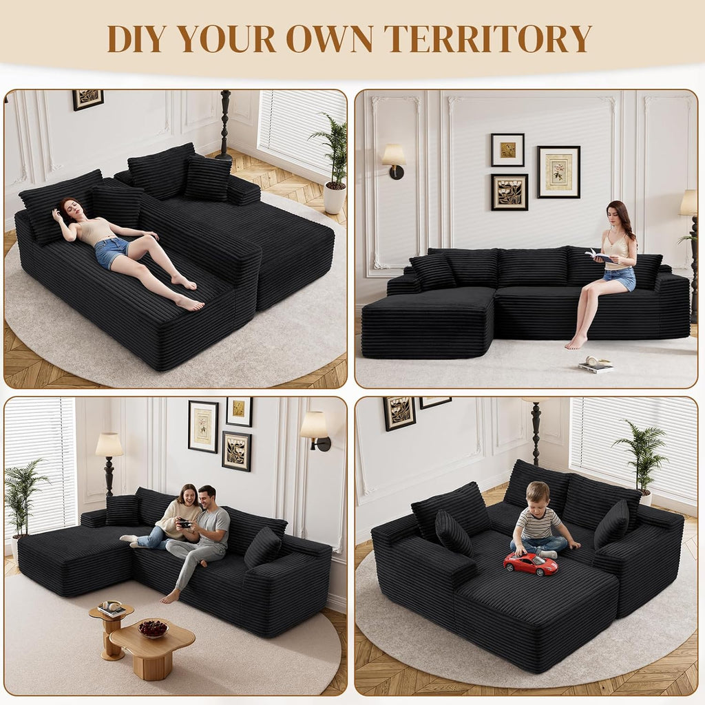 95" Boneless Cloud Sectional Couches for Living Room, Comfy Fluffy L Shaped Memory Foam Deep Seat Boneless Couch, Modular Sectional Sofa with Left Facing Chaise, Black