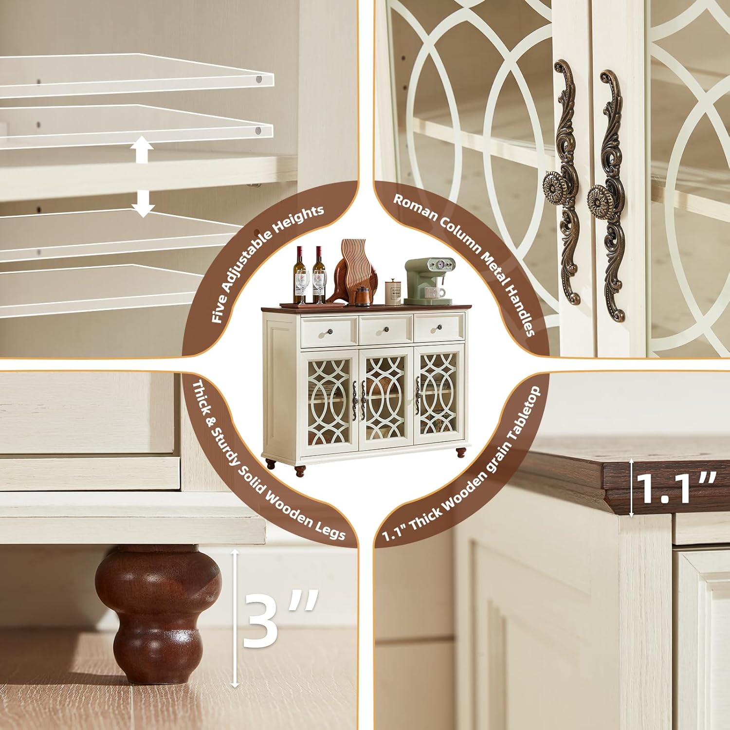 Joaxswe Farmhouse Sideboard Buffet Cabinet with Storage,48" Large Credenza with 3 Glass Doors & 3 Drawers,Adjustable Shelves Console Table,Wood Kitchen Coffee Bar for Dining Room,Living Room,White
