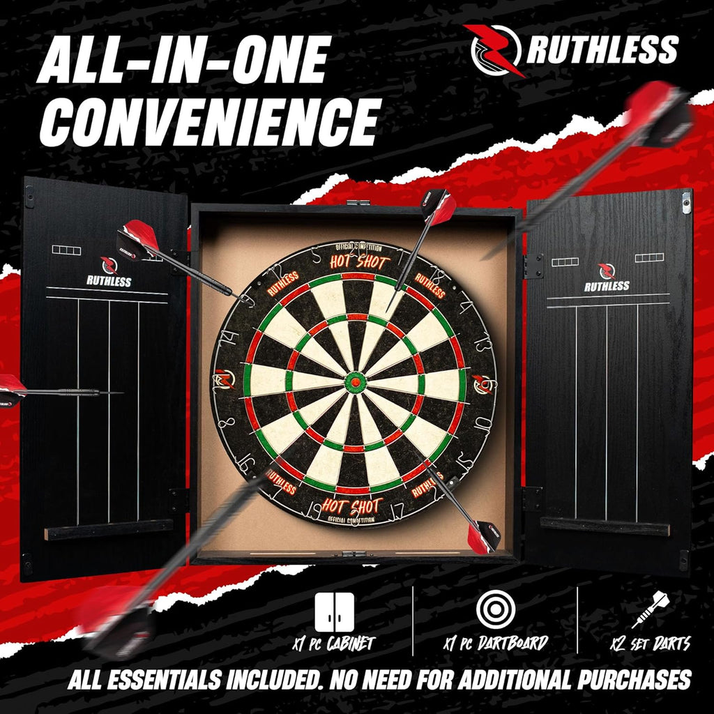Ruthless Home Darts Centre with or Without LED Light Options | Home Dart Board Centre Including Cabinet, Dartboard and 2 Sets of Darts.