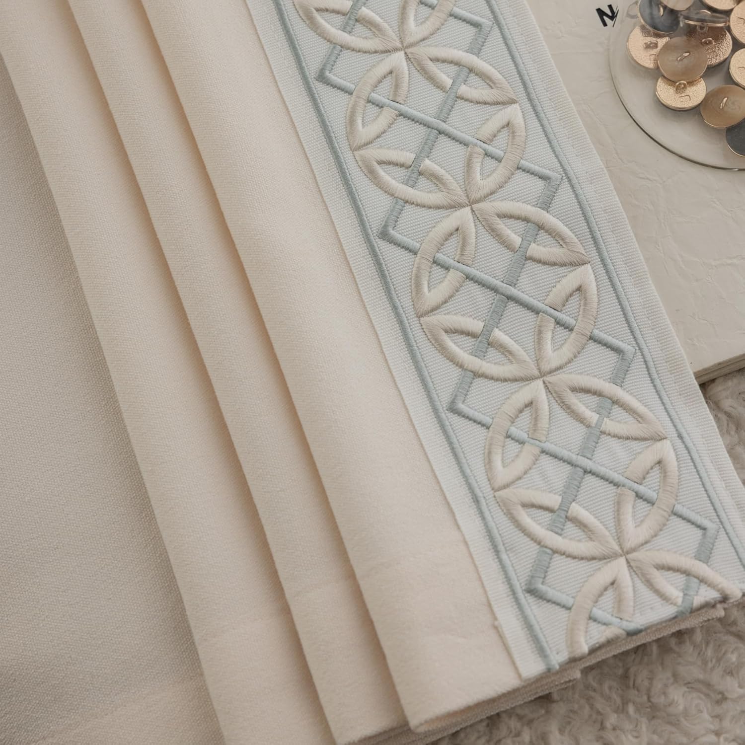 Luxury Cotton Linen Pinch Pleat Curtains, Embroidered Trim Memory Trained Drapes for Stylish Living Room, (50" W x 96" L)
