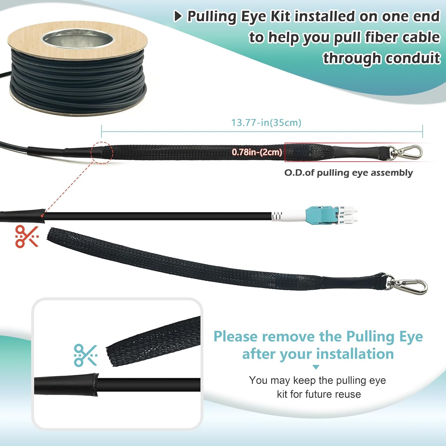 500ft/150m OD-5mm Industrial TPU OM3 Fiber LC to LC Outdoor Armored Fiber Patch Cable  Duplex Multimode Fiber Optic Cable  10Gb  50/125  Uniboot LC-LC with Pulling Eye Kit Installed on one end