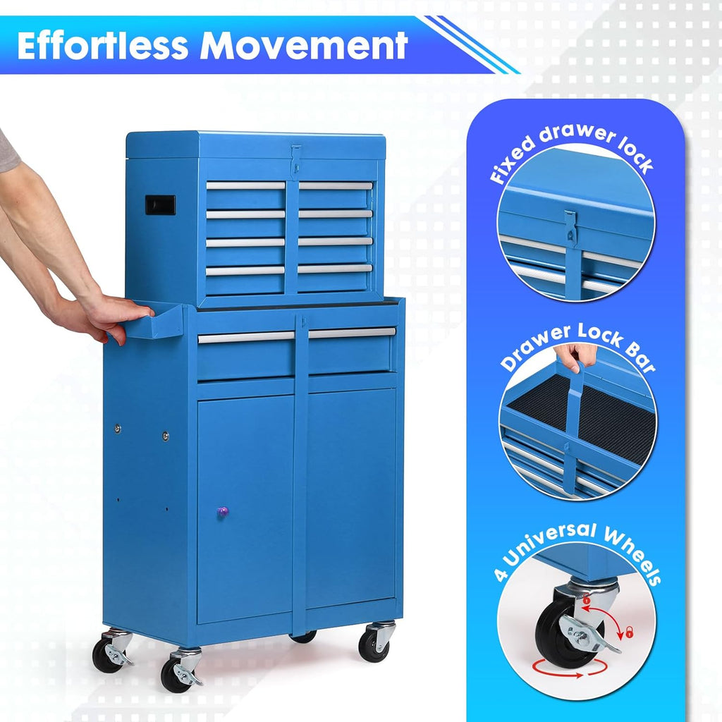 Dawmilon 5-Drawer Rolling Tool Chest with Wheels - Large Tool Storage Cabinet with Detachable Toolbox for Repair Room, Warehouse - Rolling Tool Box with Hooks, Liners, Blue