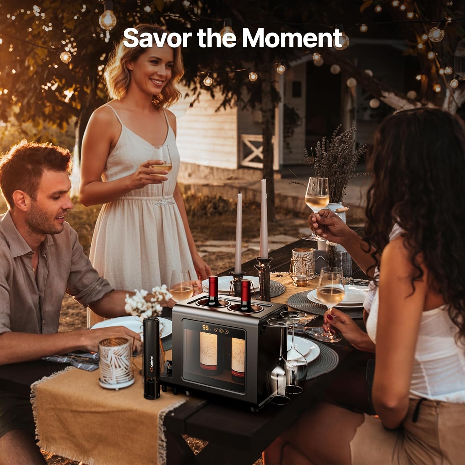 Ca'Lefort Electric Wine Chiller - 46-64°F Wine Cooler for 2 Standard Bottles (3.6" Dia.), All-in-1 Set Electric Opener & 2 Glasses, Perfect for Red, White, Champagne at Home/Office, Gift for Men Women