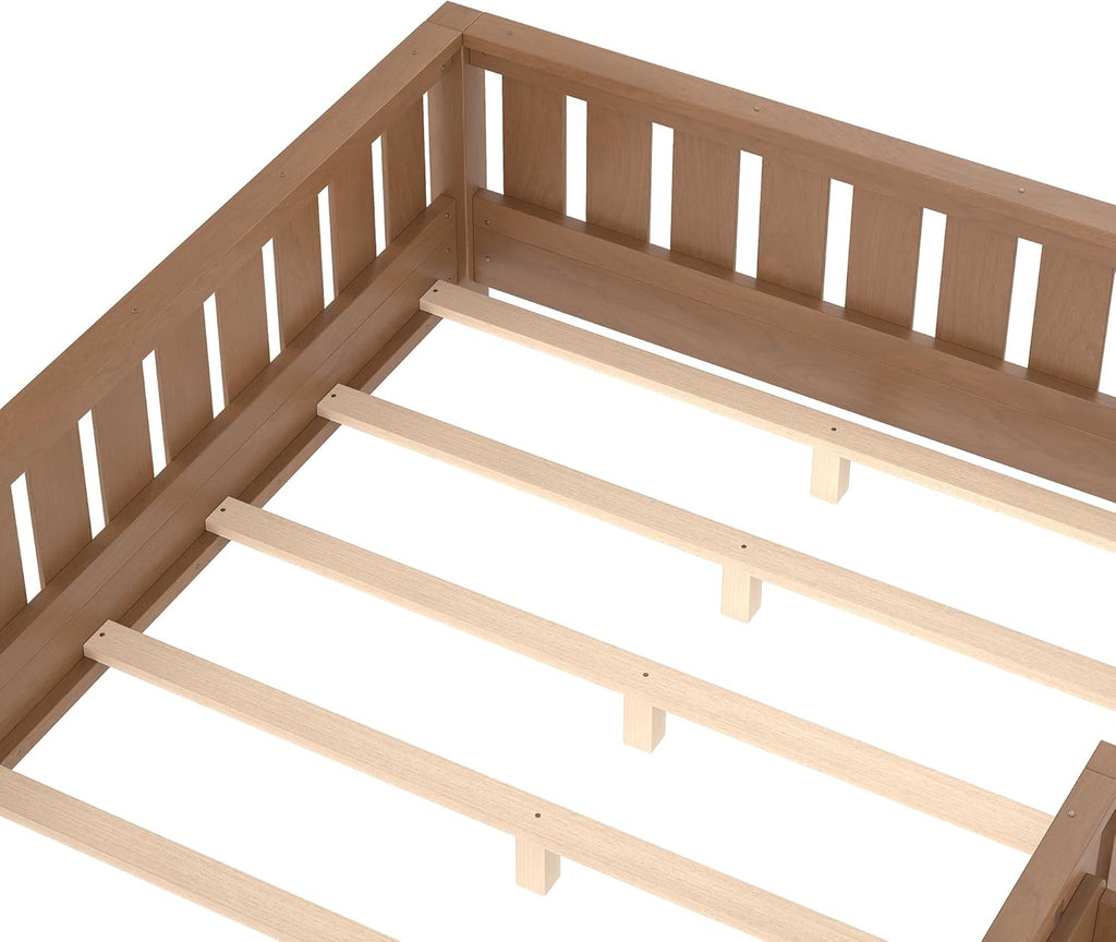 Bellemave Full Size Floor Bed with Slats and Safety Guardrail, Full Size Montessori Floor Bed with Fence and Built-in Bookshelf, Easy Assemble Montessori Beds for Kids, Girls, Boys, Natural