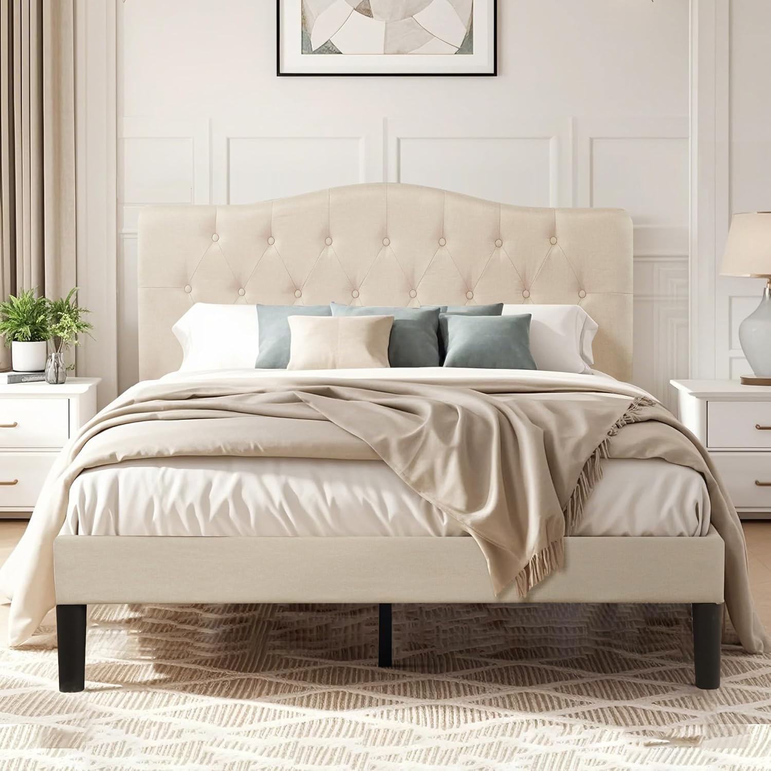 VECELO Queen Size Platform Bed Frame with Fabric Upholstered Headboard and Wooden Slats Support, No Box Spring Needed/Easy Assembly,Beige