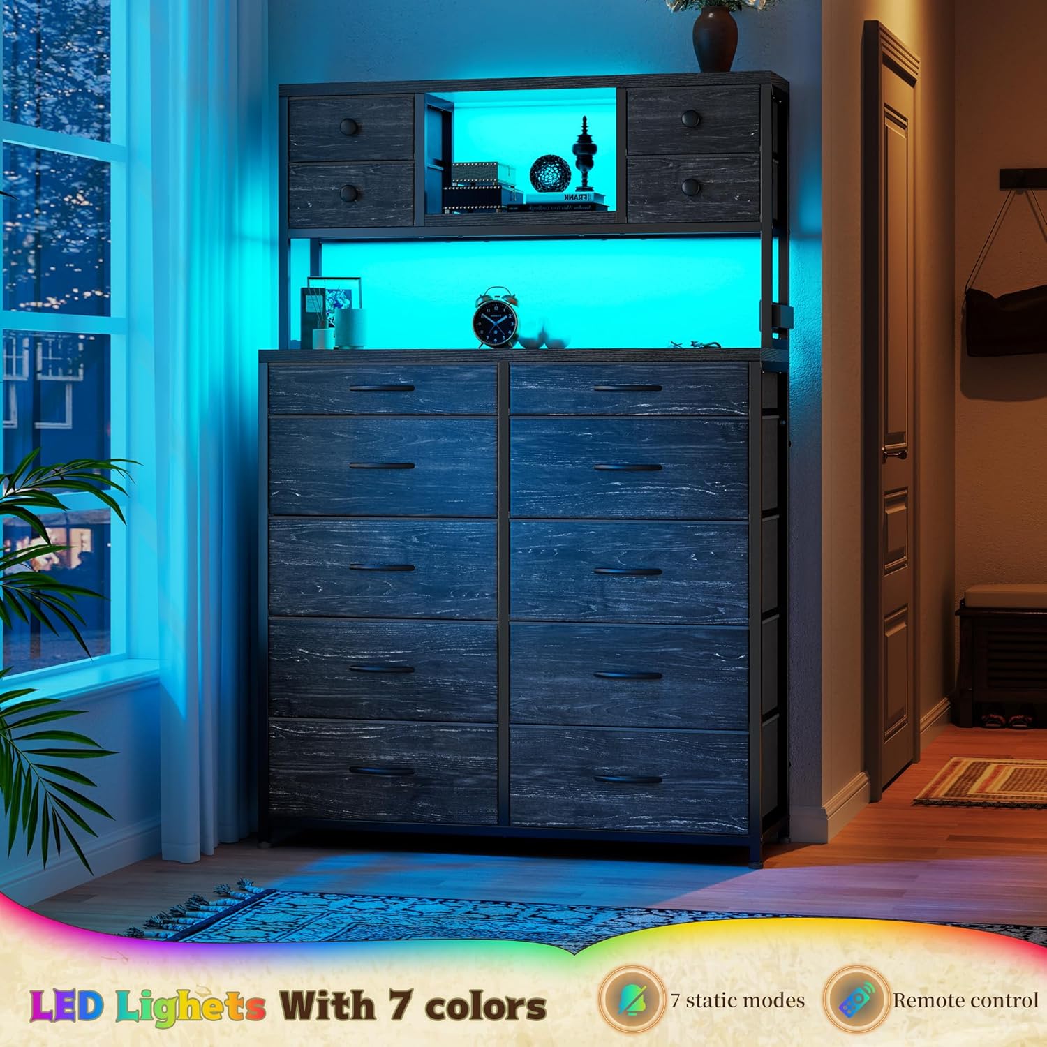 62“H Dresser for Bedroom with Large Drawers,Dressers & Chests of Drawers with LED Lights & Charging Station,Sturdy Bedroom Dresser with Open Storage Shelves, Wood Top,Steel Frame(Black)
