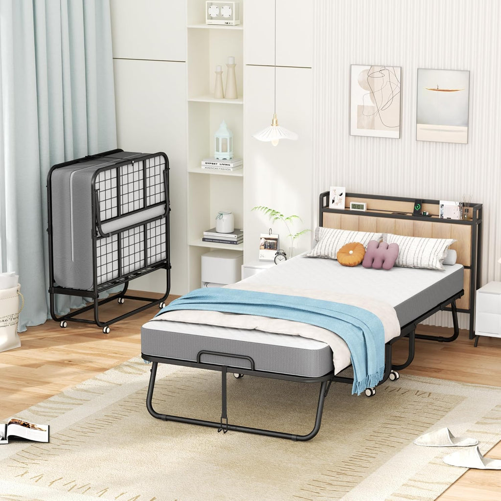 INTERGREAT Folding Bed, 75" x 31"Cot Size Portable Folding Beds for Adults, Metal Foldable Bed on Wheels for Guest, Space Saving Roll Away Beds for Easy Storage