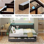 LIKIMIO Full Corner Bed Frame with Storage Drawers and Charging Station, Modern Full Daybed with LED Lights and Upholstered Guardrail, Gray
