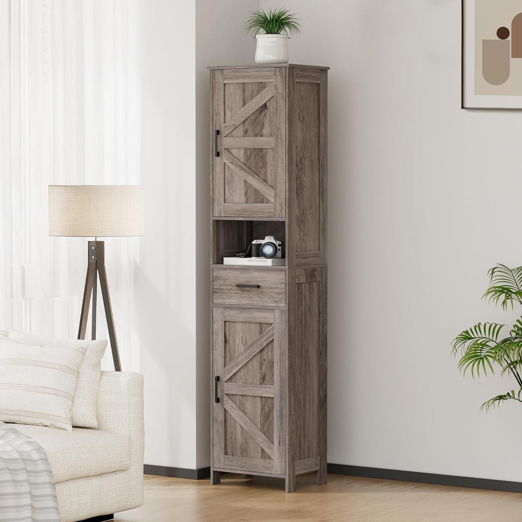 Homhedy 67" H Tall Bathroom Storage Cabinet with 2 Barn Doors and 1 Drawer, Narrow Storage Unit, Adjustable Shelves, Floor Cabinet for Bathroom, Living Room, Entryway, Kitchen, Greige, (15.7" W)