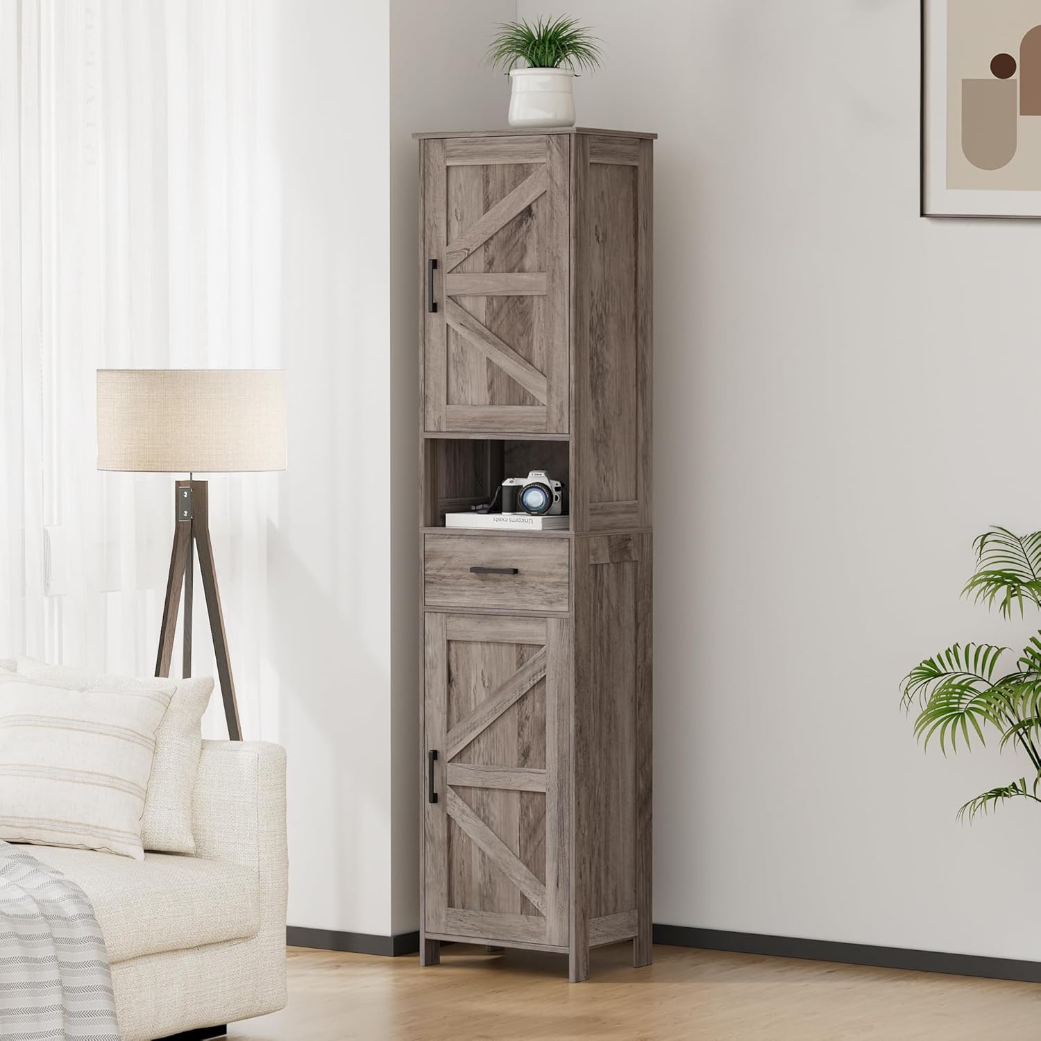 Homhedy 67" H Tall Bathroom Storage Cabinet with 2 Barn Doors and 1 Drawer, Narrow Storage Unit, Adjustable Shelves, Floor Cabinet for Bathroom, Living Room, Entryway, Kitchen, Greige, (15.7" W)