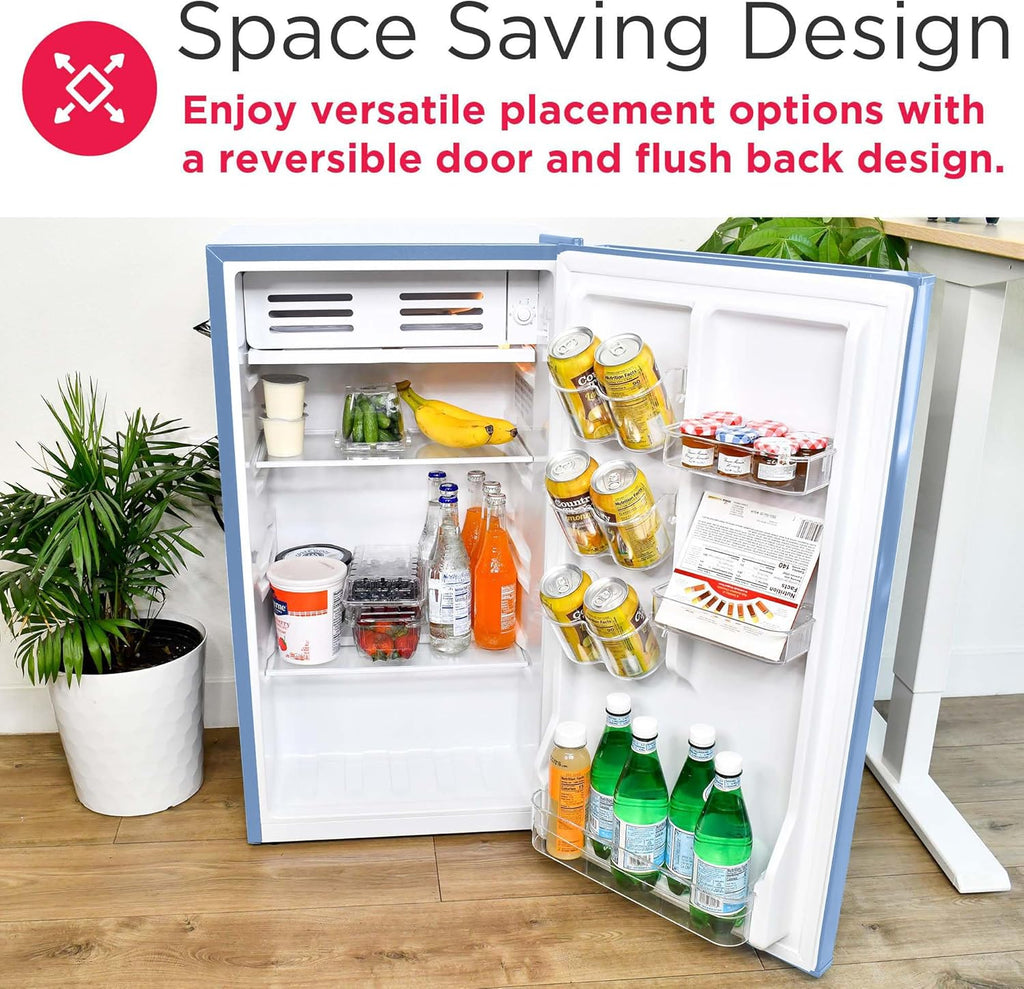 Frigidaire Retro Compact Fridge with Chiller, 3.2 cu ft Countertop Fridge with Built-In Bottle Opener, Compact Refrigerator for Office, Bedroom, Dorm Room or Cabin - 16.5" D x 19" W x 31" H (Blue)
