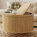 Easyego Fluted Round Coffee Table with Hidden Storage, 31.5" Mid-Century Modern Wood Drum Table for Living Room, Small Space Apartment Furniture, Natural