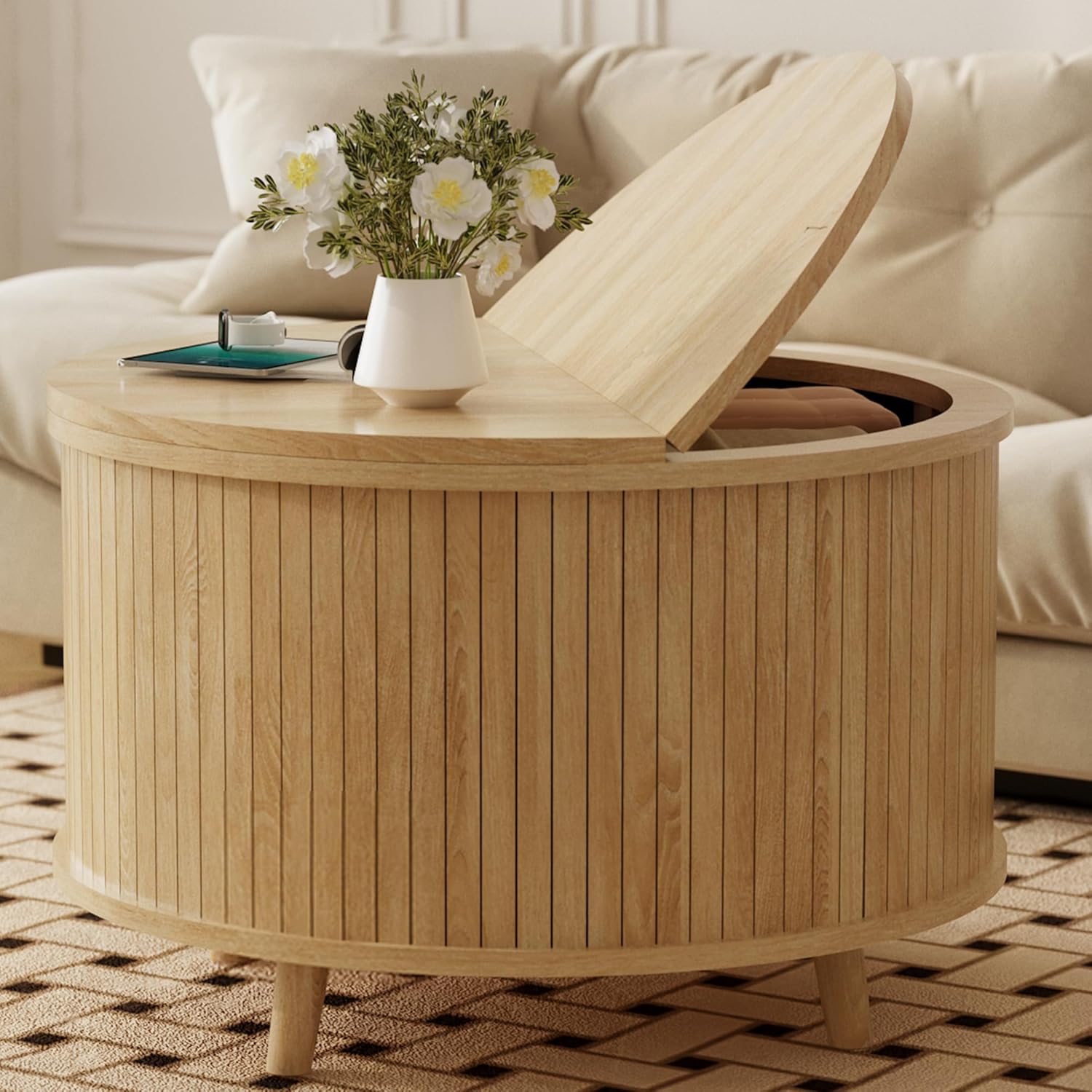Easyego Fluted Round Coffee Table with Hidden Storage, 31.5" Mid-Century Modern Wood Drum Table for Living Room, Small Space Apartment Furniture, Natural