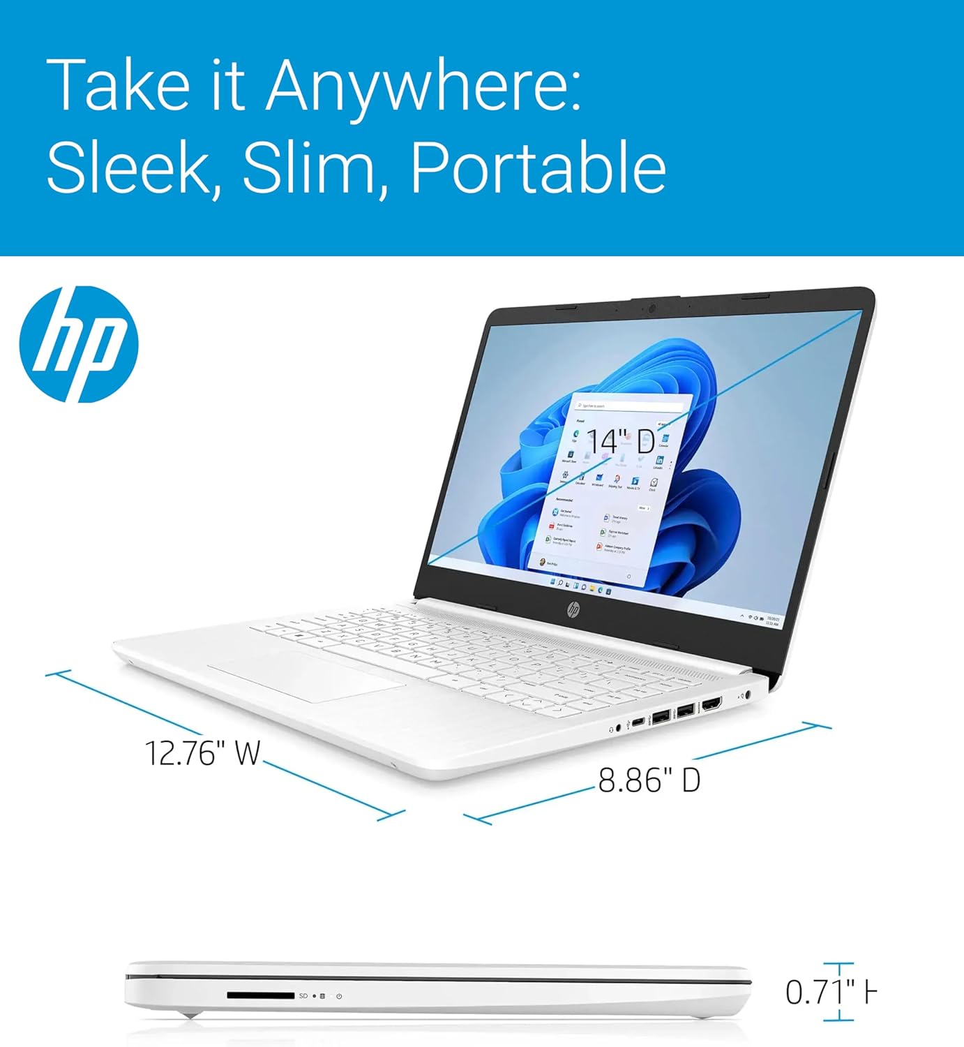 HP 14" Ultra Light Laptop for Student & Home (Intel Quad-Core N4120  4GB RAM  128GB(64GB + 64GB SD)  1-Year Office 365) 11-Hr Long Battery Life  Webcam  WiFi  Win 11 Home in S Mode - Snow White