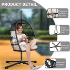 CHABATREE Egg Chair with Stand,Patio Rattan Wicker Hanging Swing Egg Chair Hammock Chair for Bedroom Porch Garden,Thickened Aluminum Alloy Steel Frame and UV Resistant Cushion,350LBS Capacity