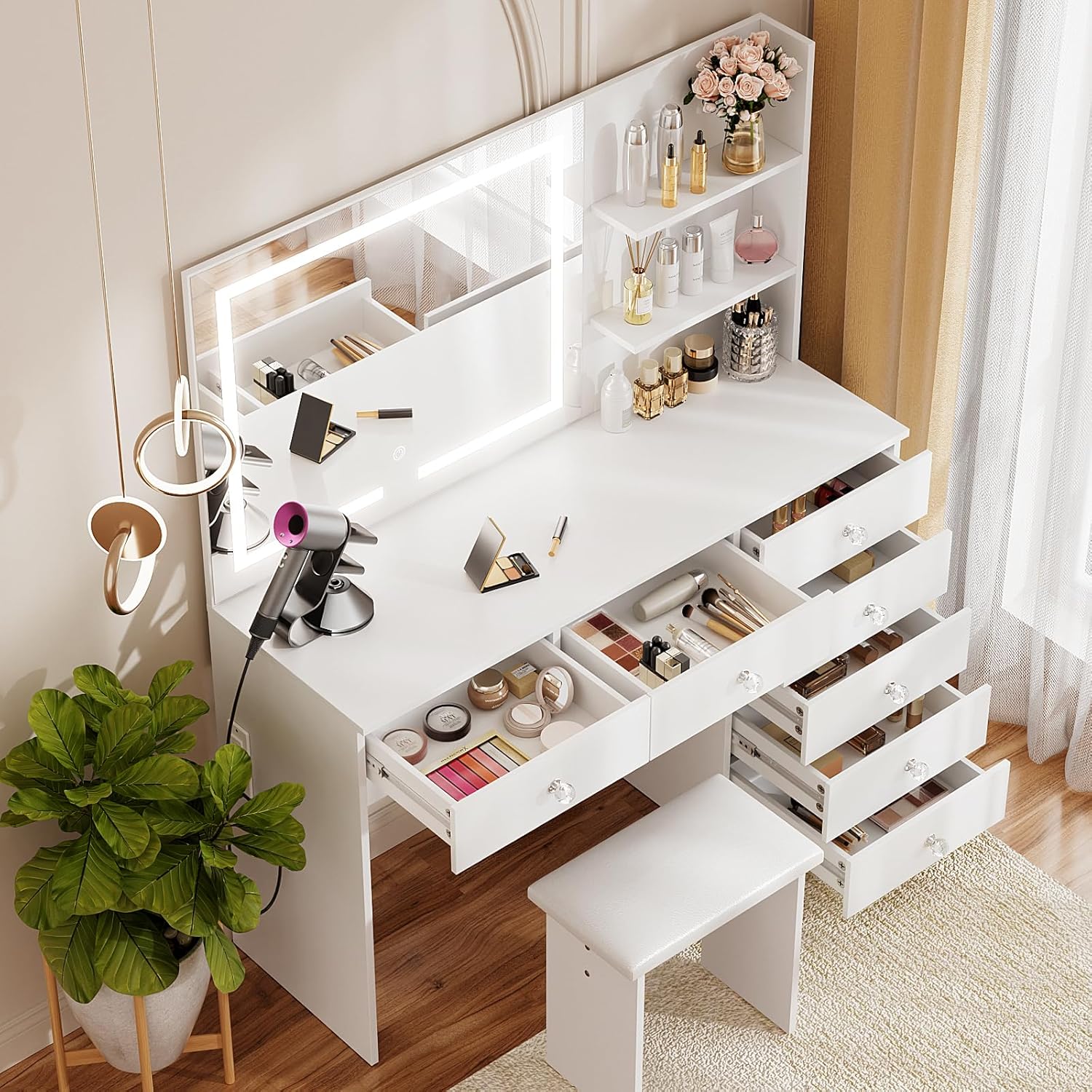 VOWNER Vanity with Lighted Mirror - 47" Makeup Vanity Desk with 7 Drawers, 3 Storage Shelves and Outlet, 3 Color Lighting Modes with Adjustable Brightness, Makeup Desk with Stool for Bedroom (White)