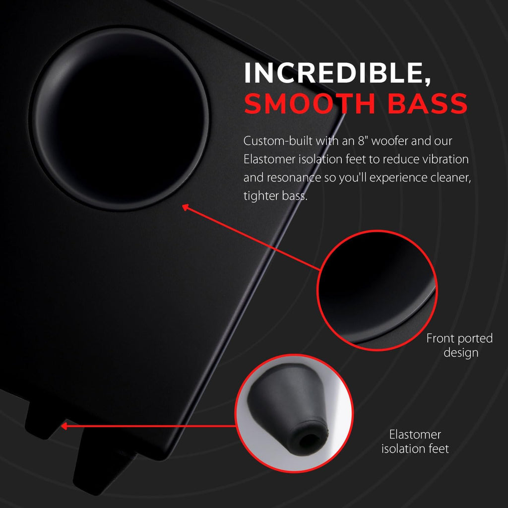 Audioengine S8 Powered Subwoofer - 8 Inch Subwoofer  250W Down Firing Speakers for PC  Home Theaters  Movie Lovers & Studios  Wireless Ready with Sleep Mode