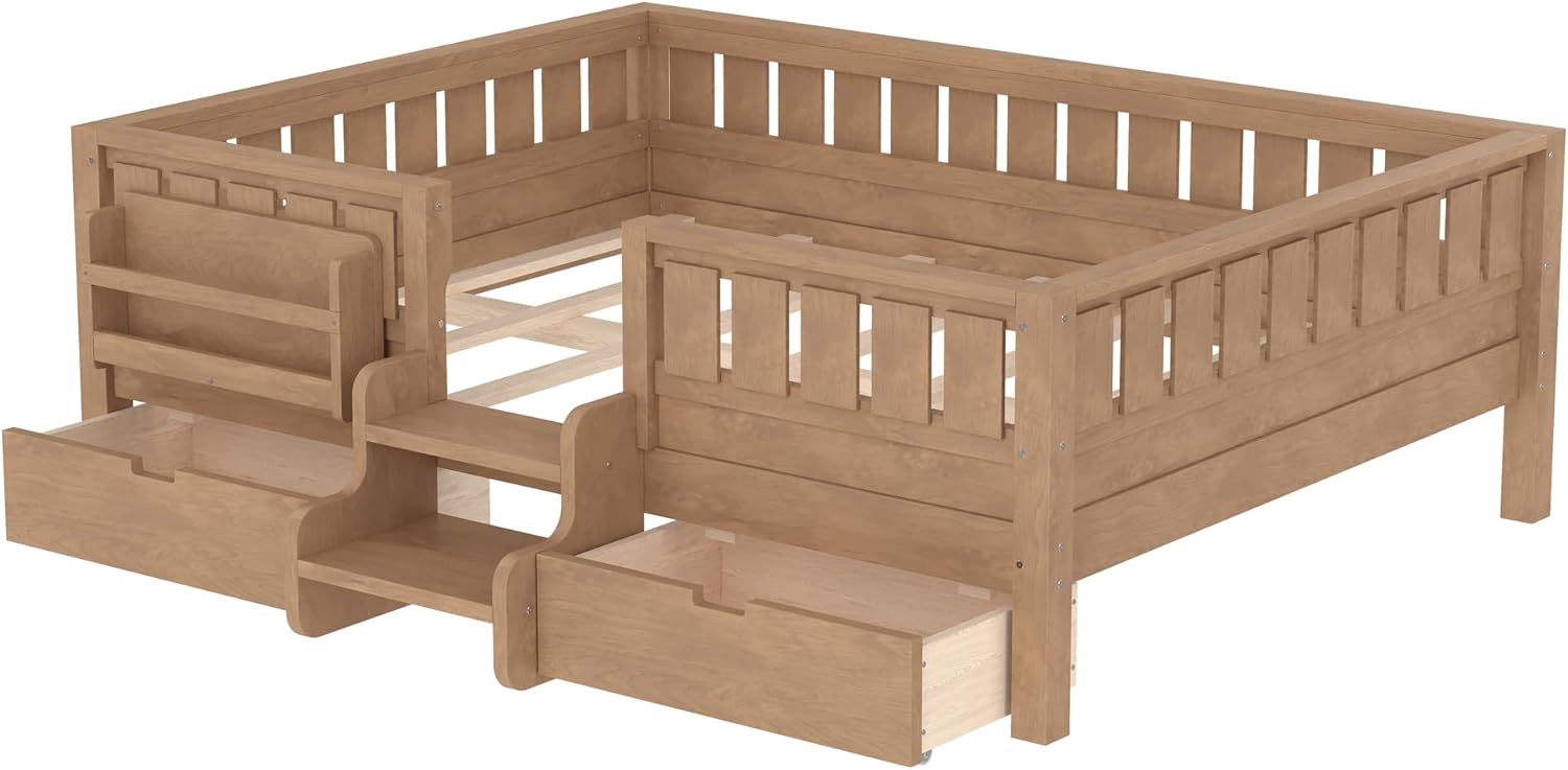 Bellemave Full Size Bed with Slats and Stairs, Full Size Platform Bed Frame with Fence, Bookshelf and Storage Drawers, Easy Assemble Beds for Kids, Girls, Boys, Natural