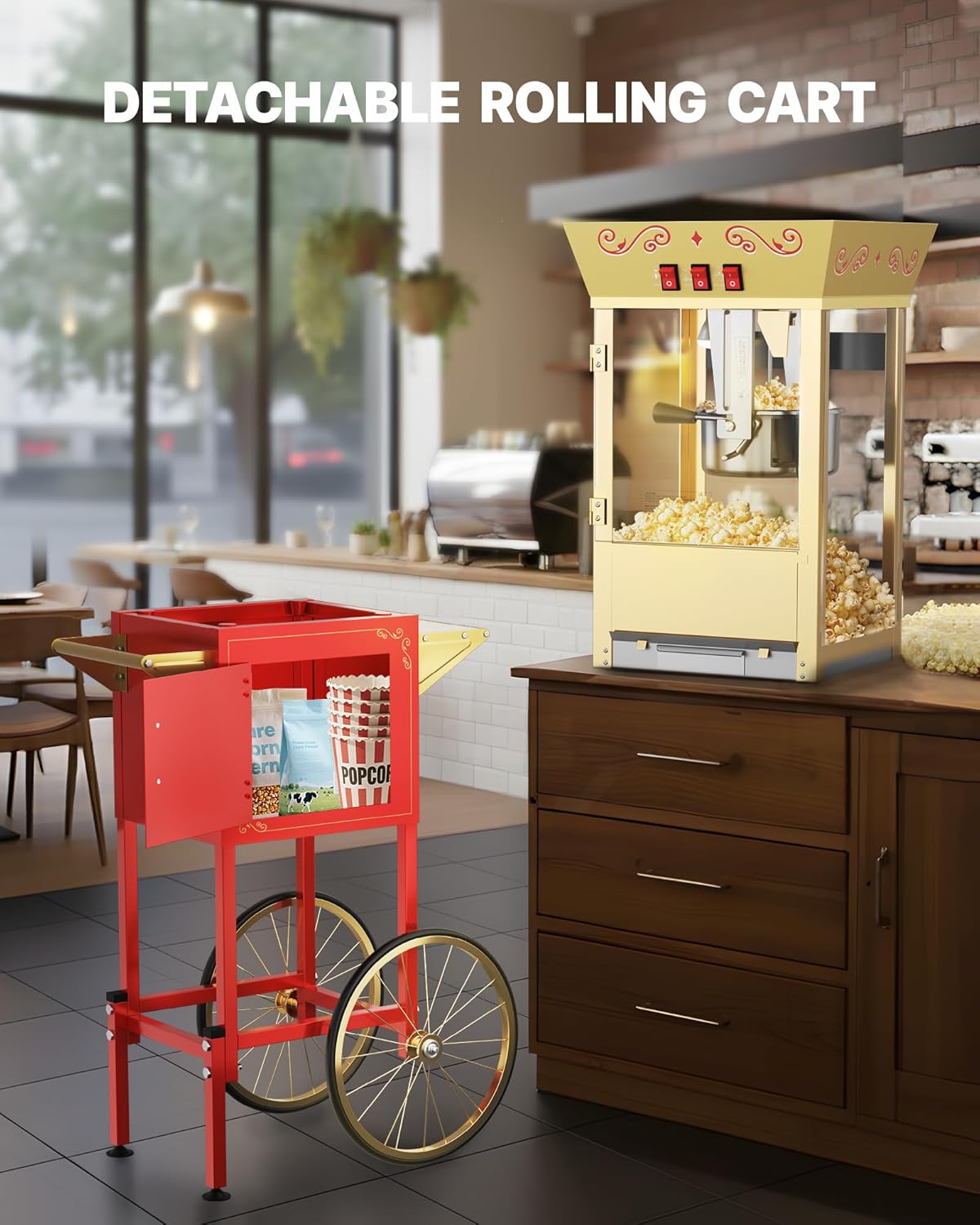 12 oz Upgraded Popcorn Machine Cart, Popcorn Maker Machine with Stainless-Steel Kettle Makes Up to 48 Cups, Movie Theater Pop Corn Machine with 3-Switch Control & Tempered Glass Doors, Red