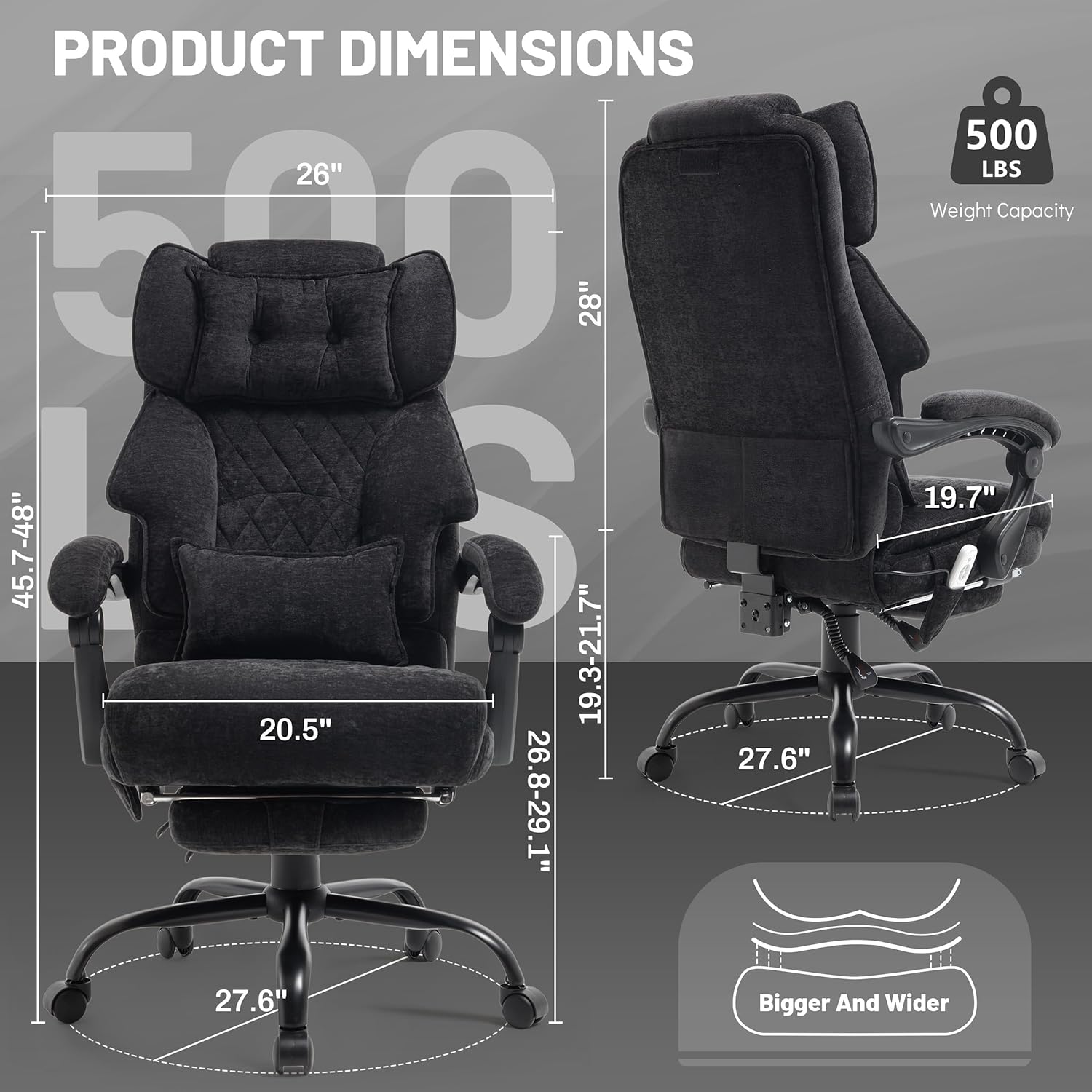 Massage Office Chair with Foot Rest,6 Points Vibration & Heat Executive Office Chairs for Heavy People,500LBS Big and Tall Office Chair,Ergonomic Reclining Desk Chair,Dual-Use Pillow,BlackCloth