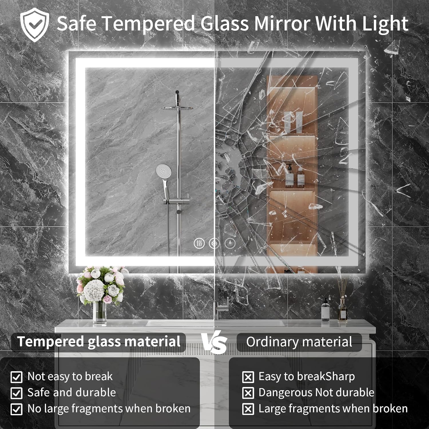 Koonmi 60"x36" LED Mirror for Bathroom, 90CRI Anti-Fog Vanity Mirror with Front and Backlight, Shatter-Proof Wall Mirror with Light, Easy Install Lighted Mirror for Modern Bathroom (IP65)