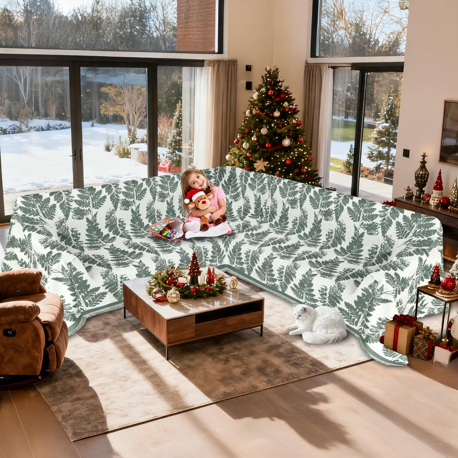 1OO% Waterproof Sectional Couch Covers for Dogs L Shaped Corner Sofa Cover Washable Chenille Sofa Slipcovers Blanket Modern Jacquard Pet Furniture Protector (91"x252", Sage Green)