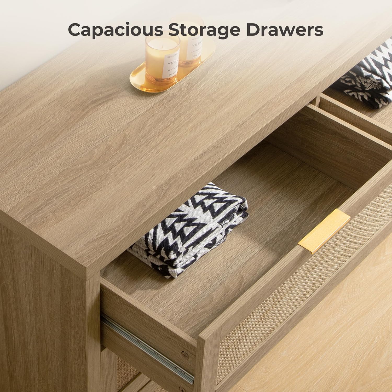 SICOTAS Rattan Dresser for Bedroom, 57" Wide 6 Drawer Dresser with Ample Storage, Dressers Large Chest of Drawers, Closet, Boho TV Stand for Bedroom (Reclaimed Light Oak, 1 Piece)