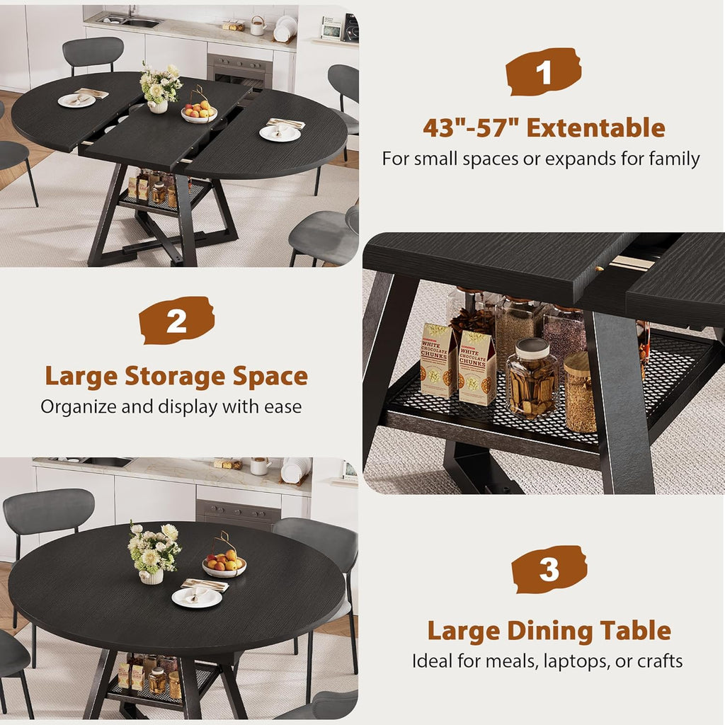 43‘’-57‘’ Extendable Round Dining Table for 4-6, Modern Industrial Kitchen Oval Dining Table with Removable Leaves, Space Saving Pedestal Base with Storage Shelf for Kitchen Living Room (Black)