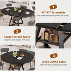 43‘’-57‘’ Extendable Round Dining Table for 4-6, Modern Industrial Kitchen Oval Dining Table with Removable Leaves, Space Saving Pedestal Base with Storage Shelf for Kitchen Living Room (Black)