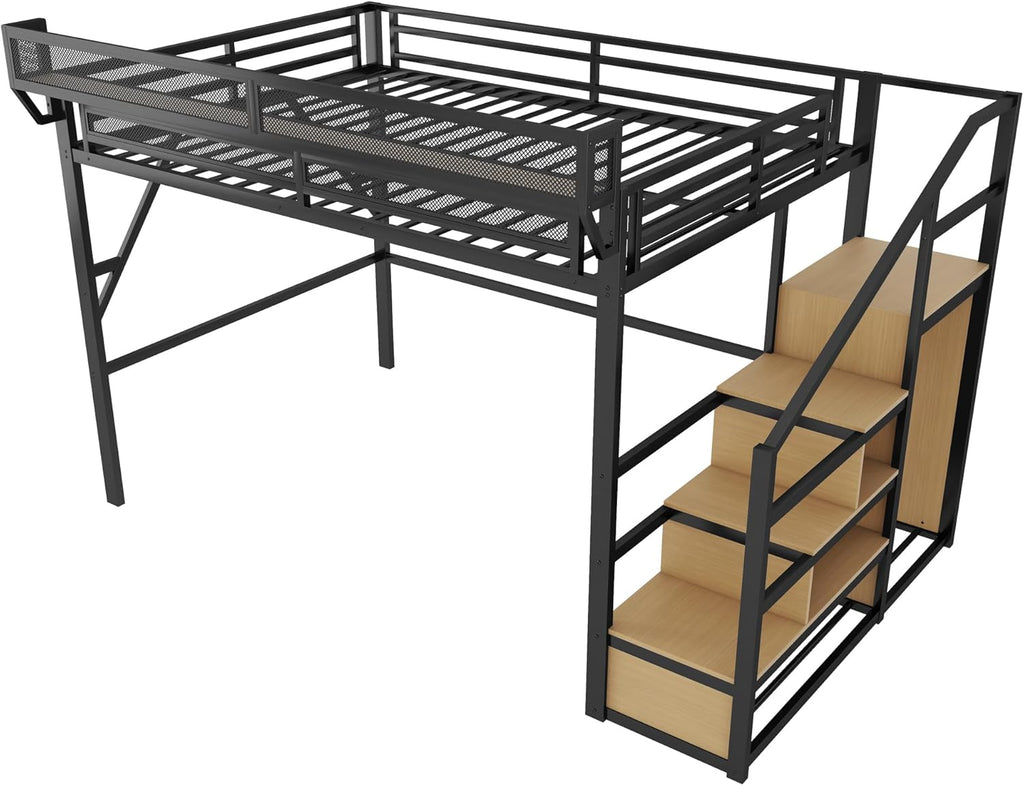 Full Size Loft Bed with Stairs and Storage, Metal Loft Bed Frame with Bedside Shelf and Large Under-Bed Space, Heavy-Duty Bed for Adults Teens and Kids, Convertible Staircase, Black