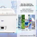 ZKI 20L Lab Water Bath, 1500W Laboratory Thermostatic Water Bath, ±0.2°C Accuracy & 0.1°C Res, 14 Heating Modules with Even Heat Distribution, 9-Piece Kit for Lab, Clinical and Industrial Use (110V)
