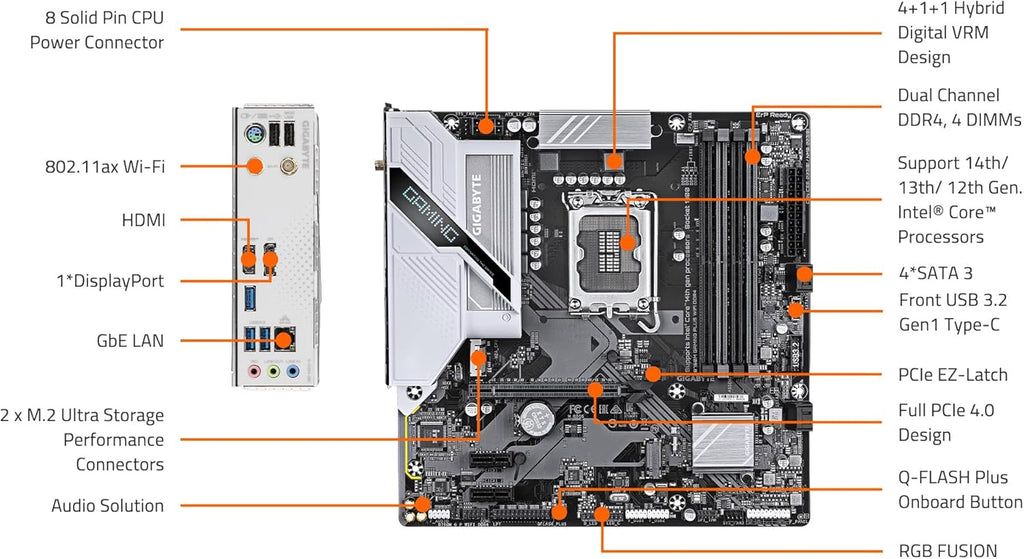 GIGABYTE B760M Gaming Plus WiFi DDR4 LGA 1700 Intel B760 M-ATX Motherboard, 2* M.2, PCIe 4.0, Front USB 3.2 Gen 1 Type-C, 6 GbE LAN, Q-Flash Plus, EZ-Latch