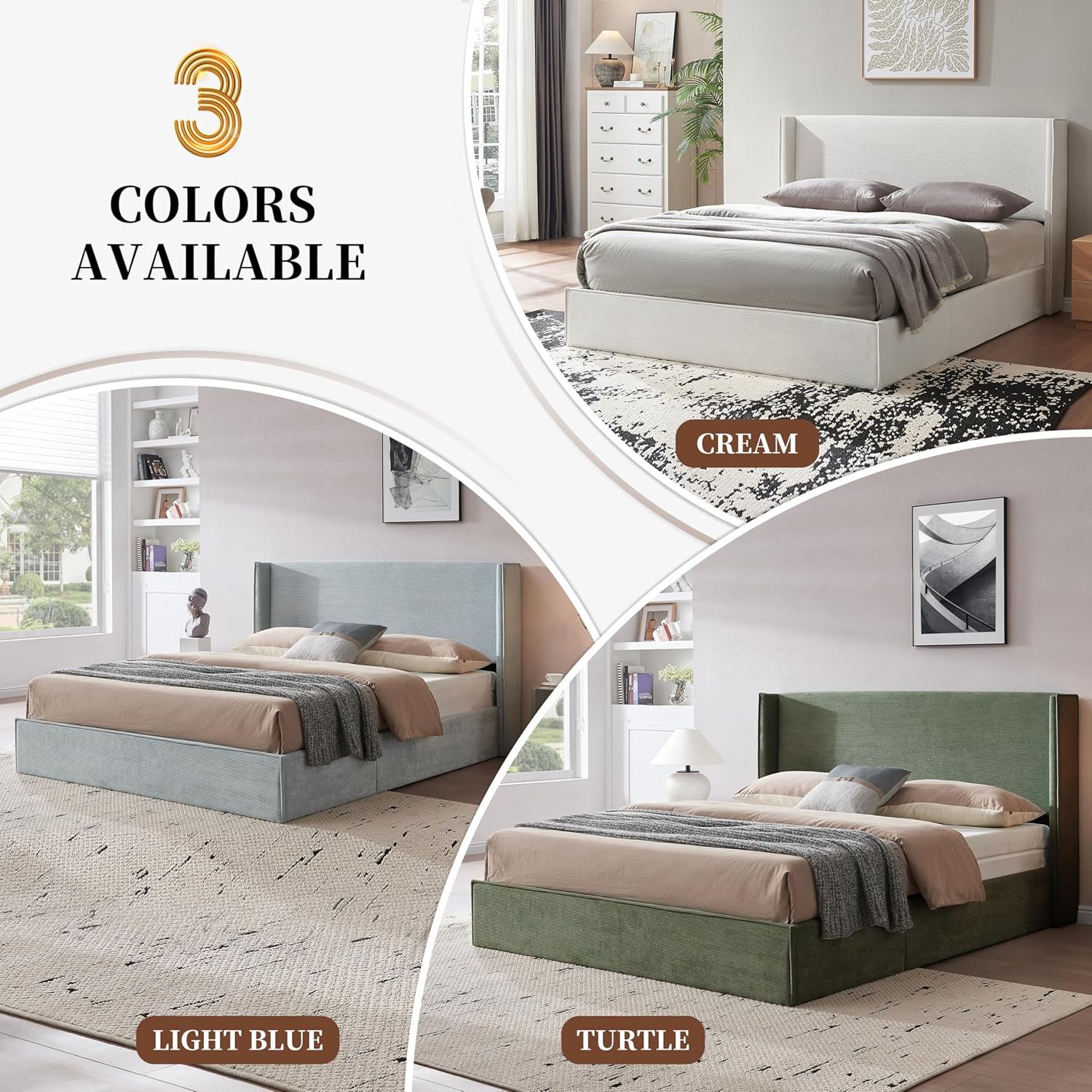 Queen Lift Up Storage Bed, Bed Frame with Storage, Corduroy Upholstered Platform Bed with Wingback Headboard, Hydraulic Support, Wooden Slats, No Box Spring Needed, Easy Assembly, Light Blue