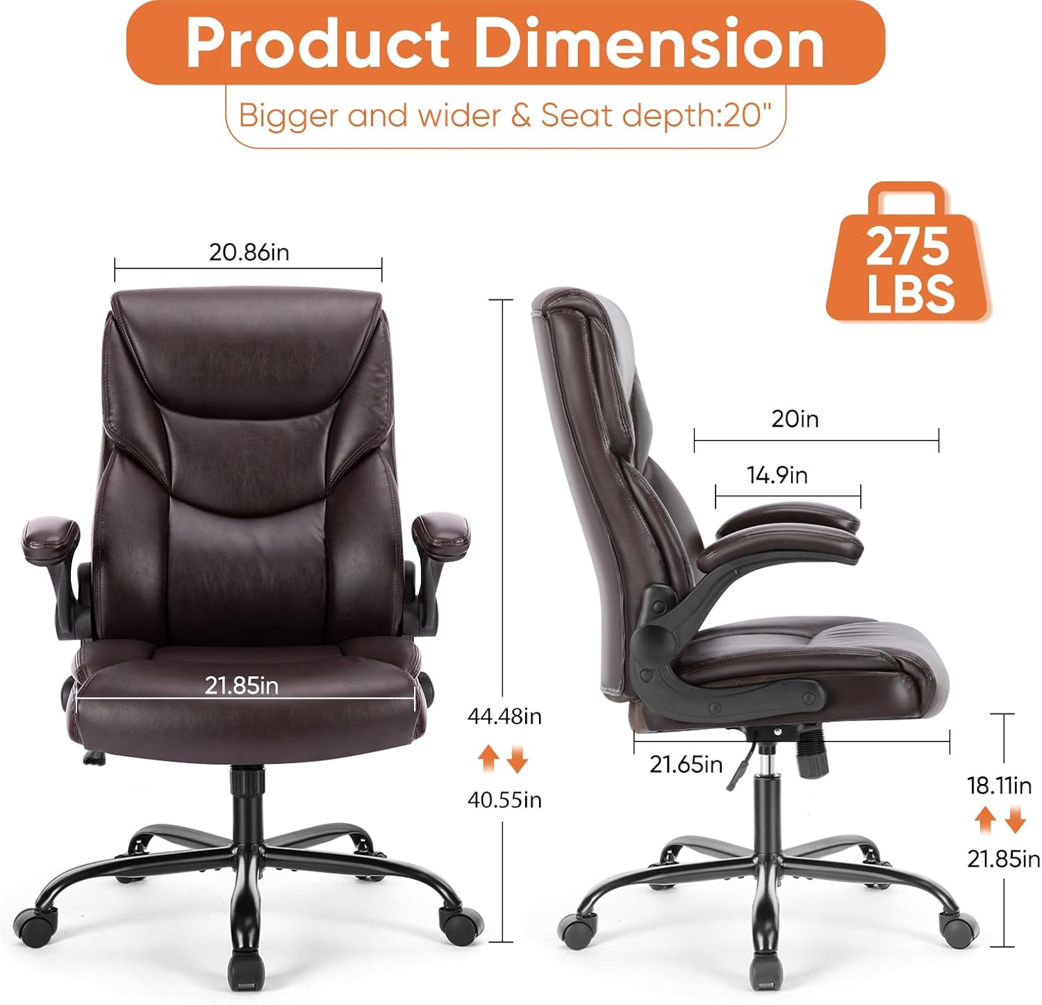 Sweetcrispy Computer Gaming Chair, Ergonomic High Back Heavy Duty Task Desk Office Chairs with Wheels, Flip-up Arms, Adjustable Height, PU Leather,Dark Brown