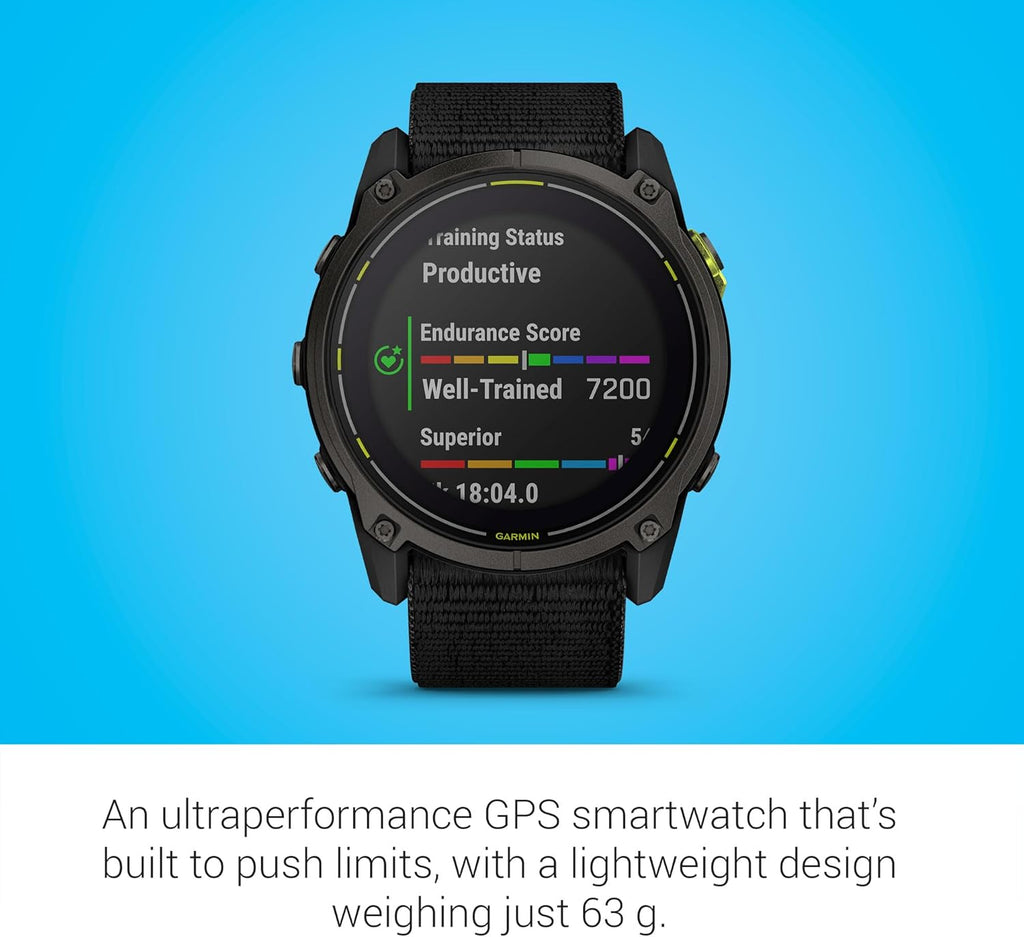 Garmin Enduro™ 3 – 51 mm  Solar  Sapphire  Ultraperformance GPS Smartwatch  Extreme Battery Life  Detailed Mapping  Built-in LED Flashlight  Carbon Gray DLC Titanium with Black UltraFit Nylon Strap