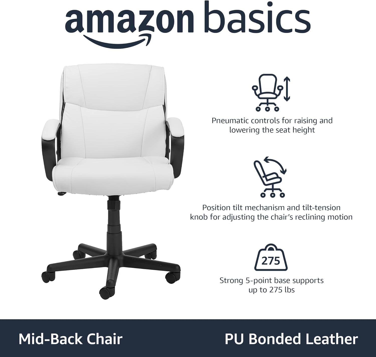 Amazon Basics Office Task Chair with Adjustable Height, 360° Swivel, Padded Armrests, Mid-Back, 275 Pound Capacity, BIFMA Certified, 24.2"D x 24"W x 38.6"H, White Faux Leather