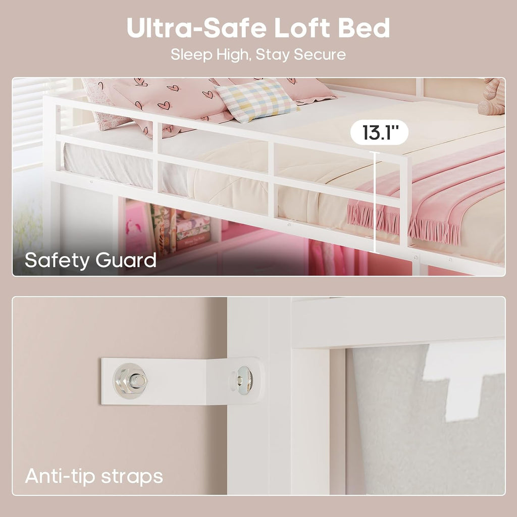 ADORNEVE Loft Bed Full Size with Desk and 8 Storage Drawers, LED Metal Loft Bed with Power Outlet, 2 Shelves & Clothing Rack, Bed with Safety Guardrail & Ladder,Space-Saving, White
