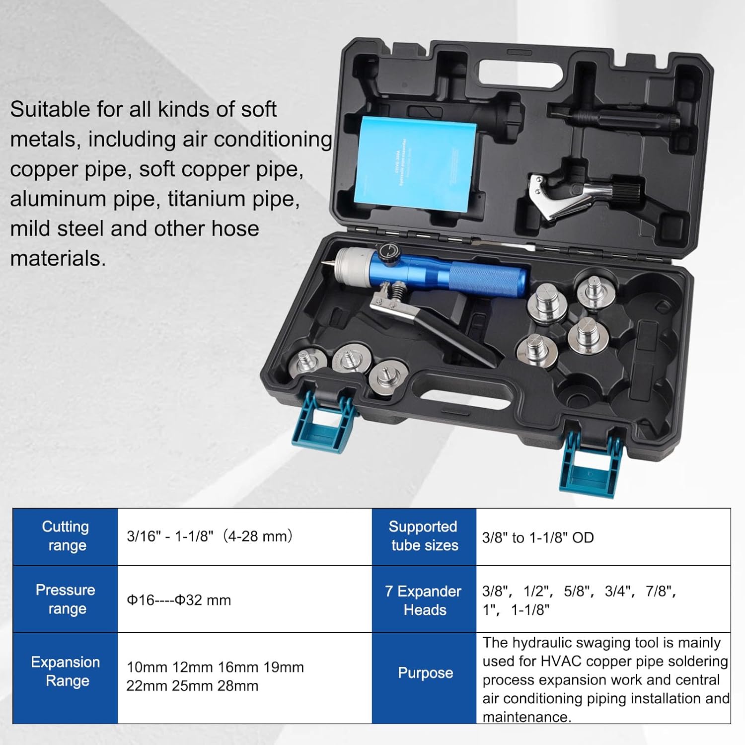 Hydraulic Tube Expander Swaging Tool HVAC Set, 3/8In to 1-1/8In OD Pipe Expander Tools with 7 Expander Heads, Flaring Tool HVAC for Expander Copper/Aluminum/Soft Steel Pipe