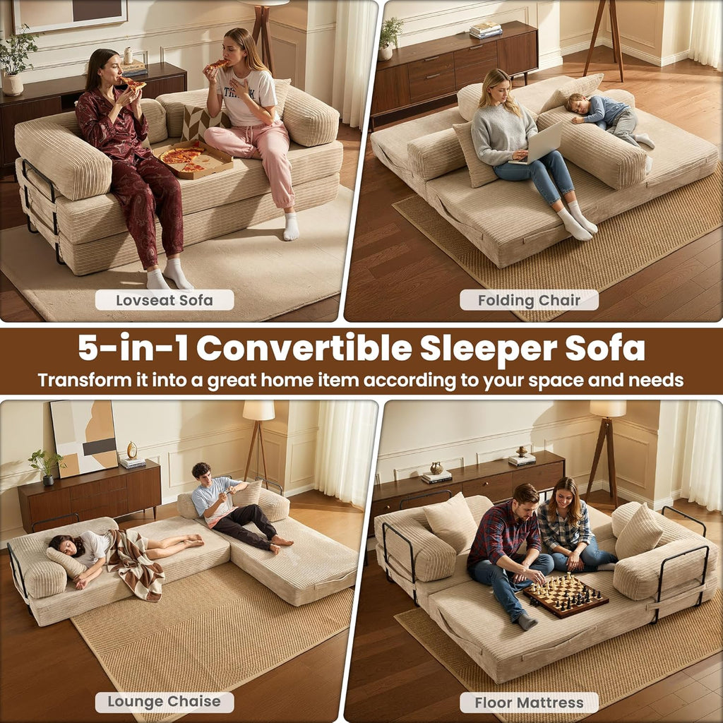 ovios 81" Folding Sofa Bed, Foldable Sleeper Boneless Couch with Pull Out Beds, Modular Convertible Floor Futon Loveseat Lounger for Living Room (Corduroy, Beige)