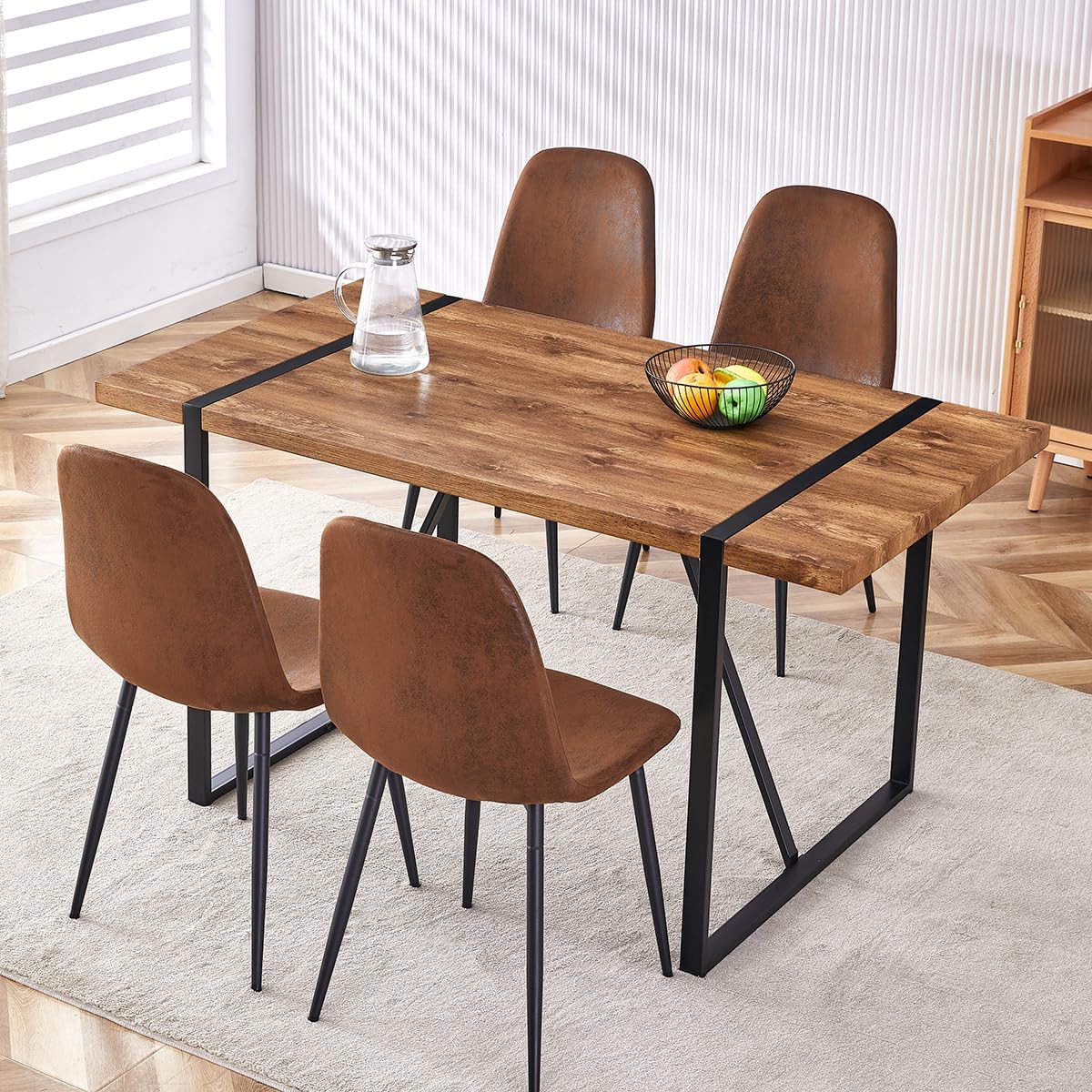 Dining Table Set for 4 .Dinner Table Set for 4 .55'' Kitchen Table and Suede Nap Fabic Chairs Set of 4, 5 Piece Dining Table Set for Kitchen Dining Room