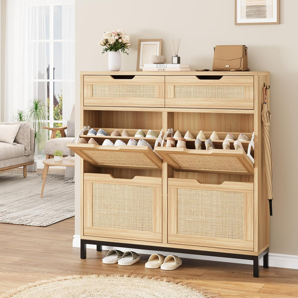 Rattan Shoe Cabinet with Flip Drawers, Narrow Freestanding Shoe Storage Cabinet with Metal Legs for Entryway/Hallway/Foyer (Natural)