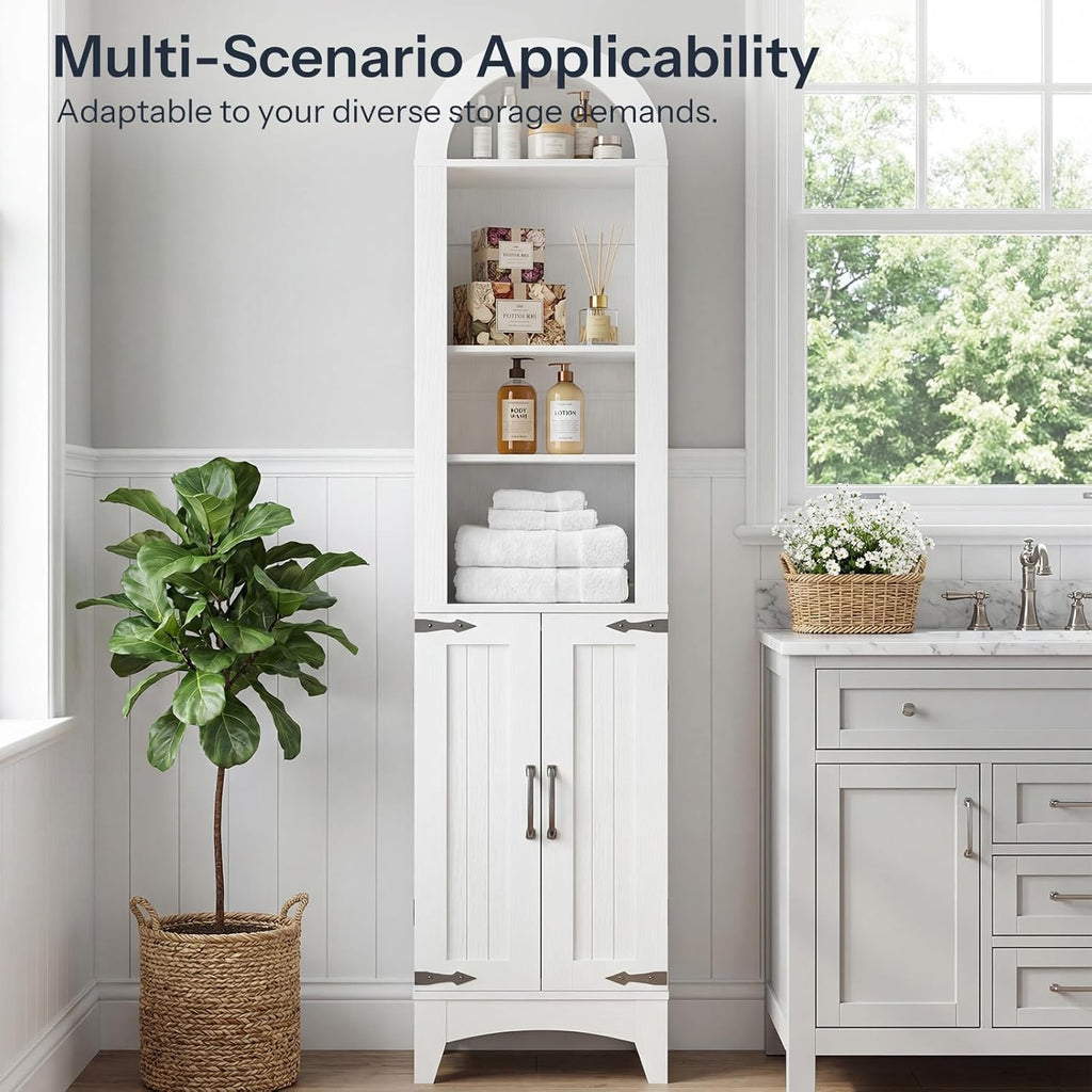 HOOBRO 67" Tall Narrow Bathroom Storage Cabinet, Arched Freestanding Floor Cabinet with 3 Adjustable Shelves and 2 Doors for Small Space, Space Saving Organizer for Bathroom, Living Room, White