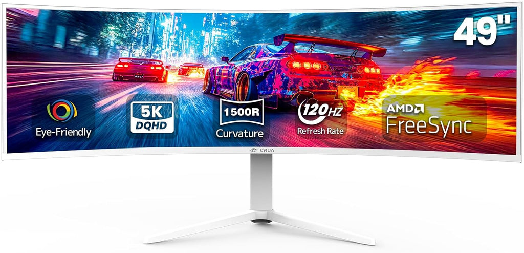CRUA 49" White Curved Monitor | DQHD(5120 * 1440)  120Hz  1500R  32:9  AMD FreeSync  120% sRGB  Height Adjustable Ultra-Wide Screen Computer Monitors  HDMI 2.1 & DP 1.4  Wall Mount Install