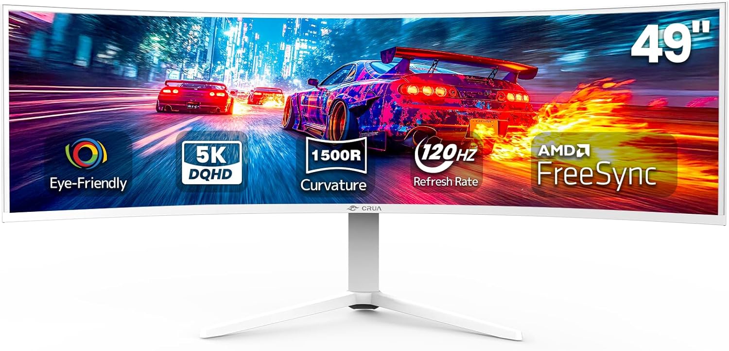 CRUA 49" White Curved Monitor | DQHD(5120 * 1440)  120Hz  1500R  32:9  AMD FreeSync  120% sRGB  Height Adjustable Ultra-Wide Screen Computer Monitors  HDMI 2.1 & DP 1.4  Wall Mount Install