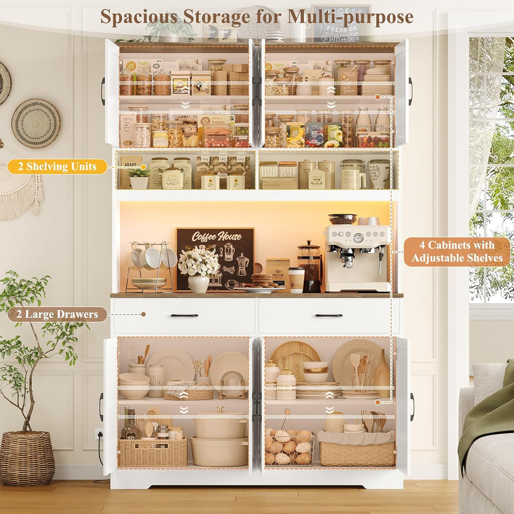 HOSTACK Modern Farmhouse Pantry Cabinet, 75" Tall Kitchen Pantry Storage Cabinet with Charging Station, RGB LED Light, Multi-Purpose Kitchen Storage Hutch Cabinets with Adjustable Shelves, White