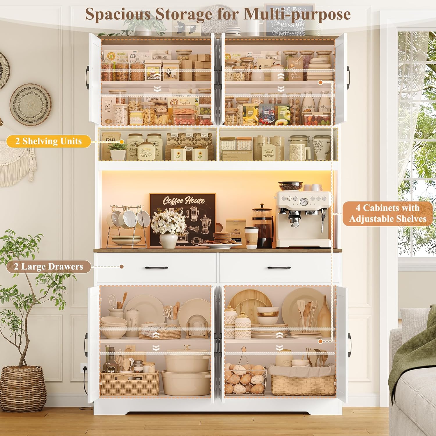 HOSTACK Modern Farmhouse Pantry Cabinet, 75" Tall Kitchen Pantry Storage Cabinet with Charging Station, RGB LED Light, Multi-Purpose Kitchen Storage Hutch Cabinets with Adjustable Shelves, White