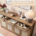 Rattan Sideboard Buffet Cabinet, Boho Storage Cabinet with Adjustable Shelves, Farmhouse Credenza Coffee Bar Cabinets with 4 Doors & 3 Drawers for Living Room, Hallway & Kitchen